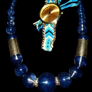 Beautiful blue beaded Charming Charlie vintage necklace and Geneva watch